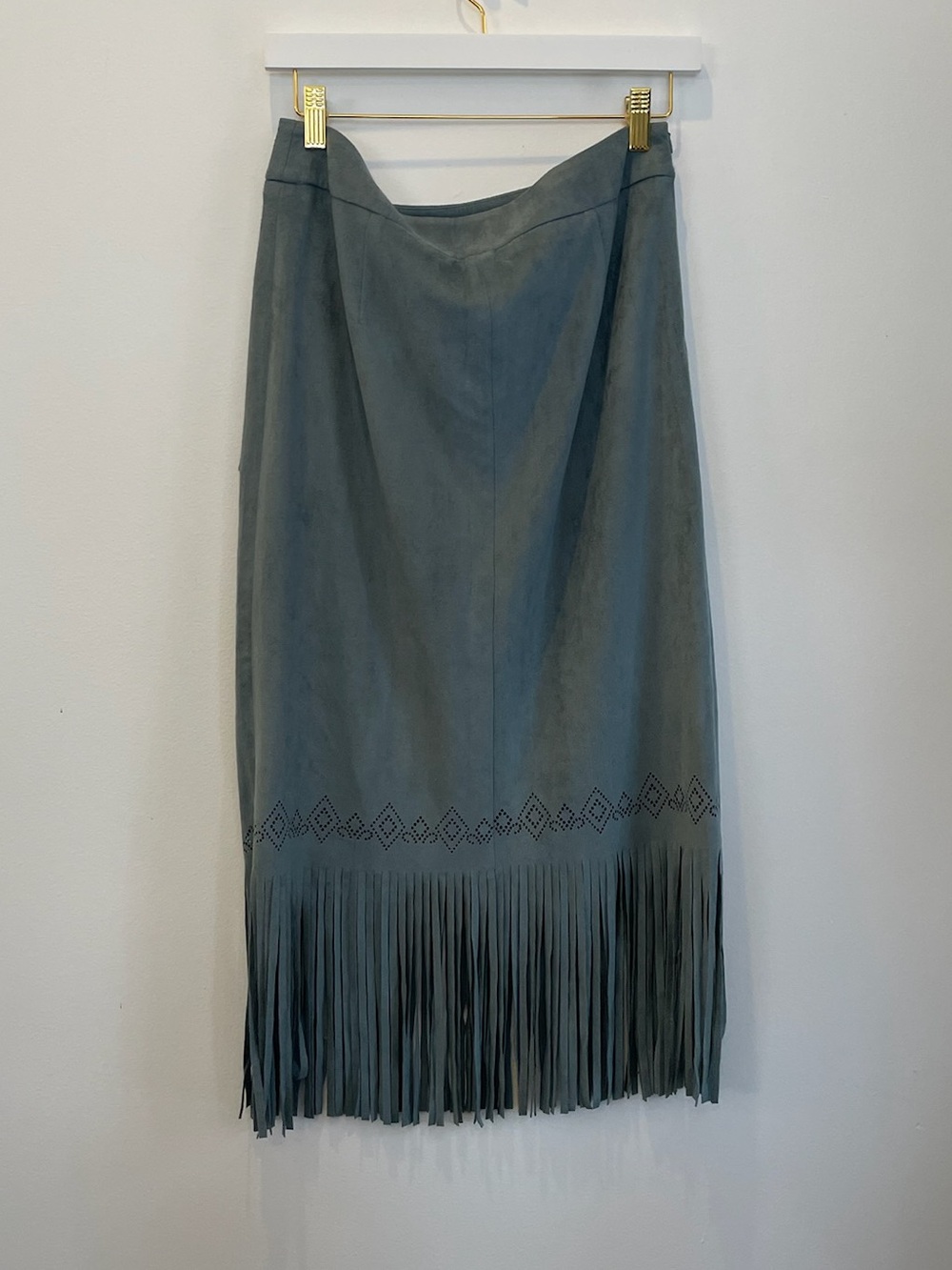 Suede Fringe Midi Skirt in Dusty Teal - Picture 2 of 4